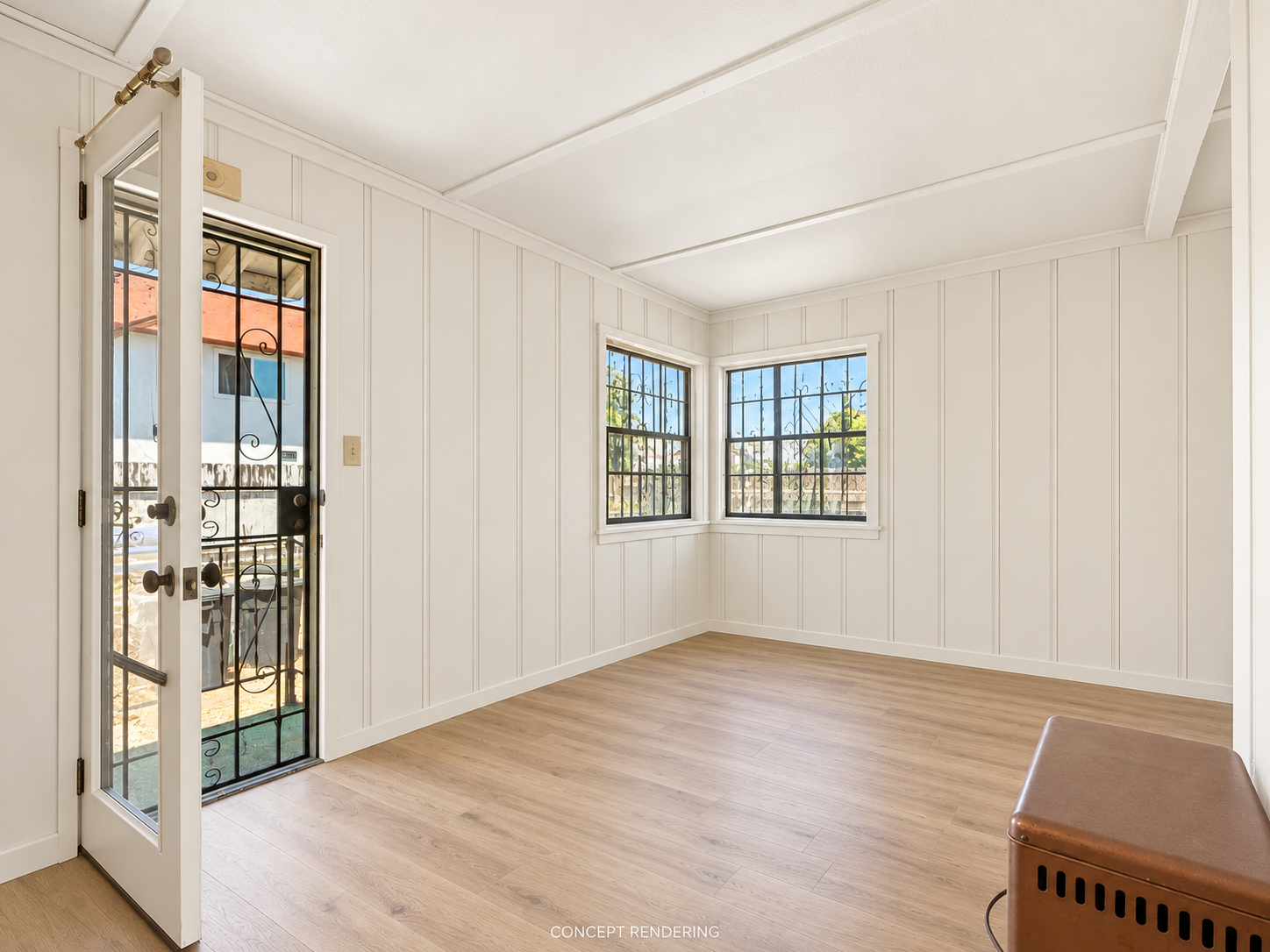 Concept living room with warm-white paneling and light oak-look floor