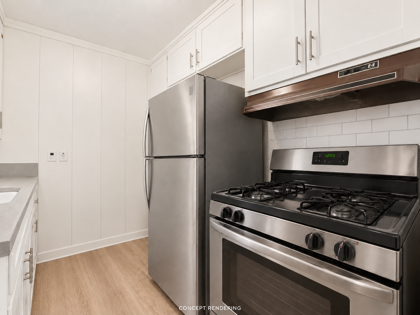 Proposed kitchen with stainless appliances, white cabinets and washer removed